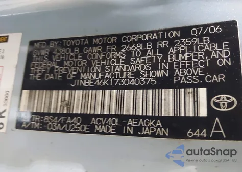 2007 Toyota Camry Xle from USA, damaged, VIN JTNBE46K173040375